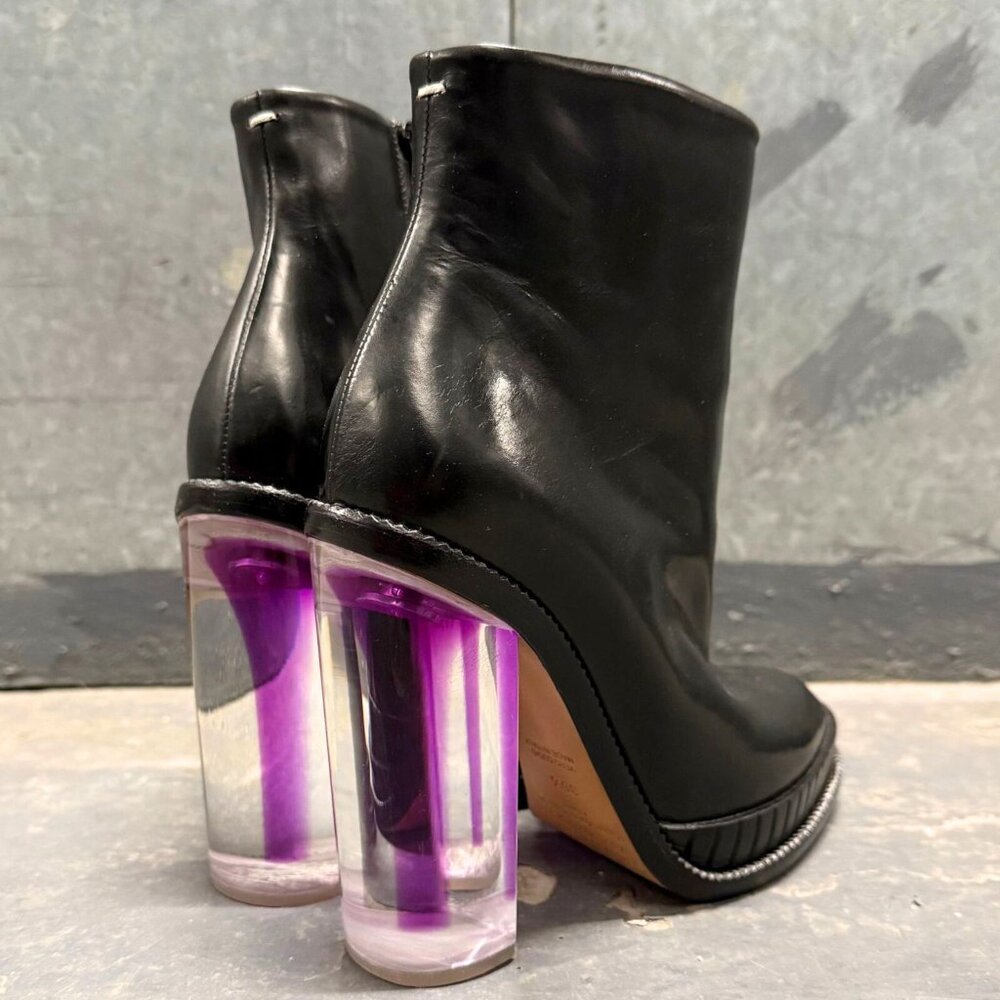 MAISON MARGIELA black leather purple ink injected clear heel boots